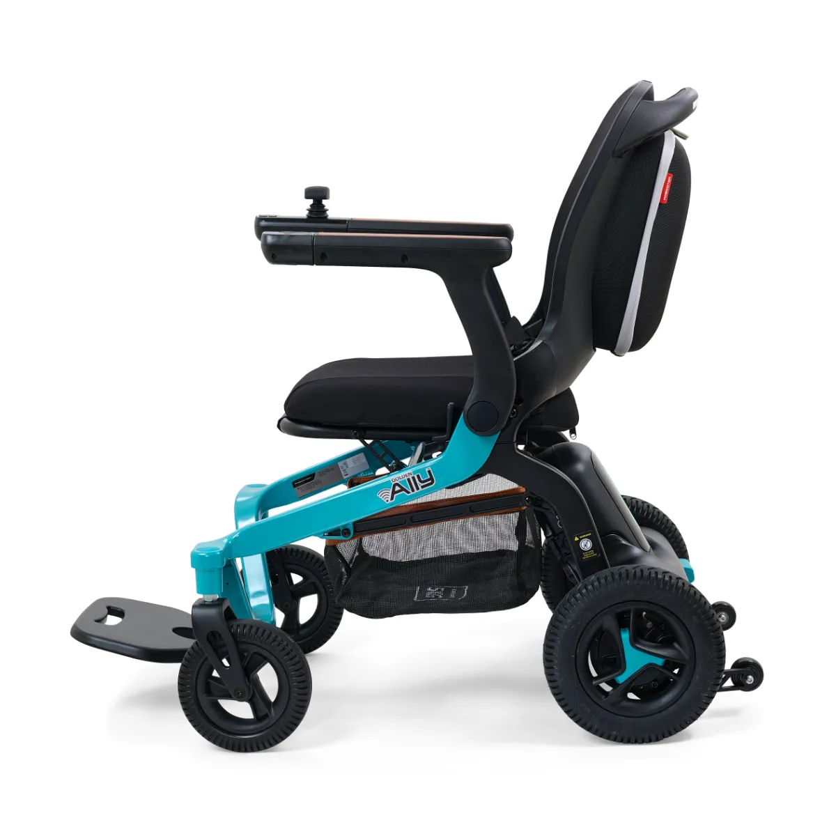 Side profile view of Golden Ally power wheelchair with sleek, modern design and bright blue frame