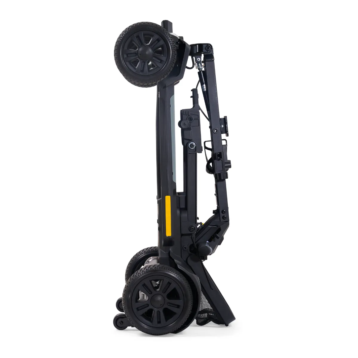 Folded view of Golden Buzzaround CarryOn HD mobility scooter standing up