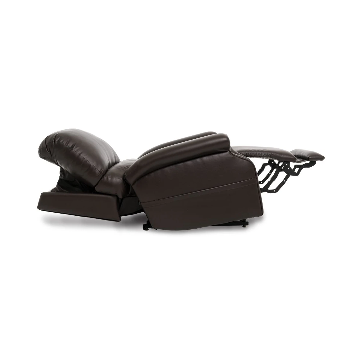 Platinum Lift Recliner chair with dark brown leather fabric in lay flat position