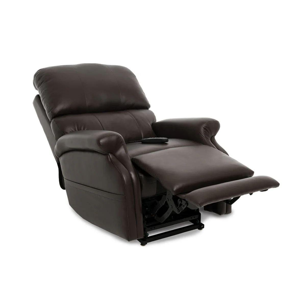Platinum Lift Recliner chair with dark brown leather fabric in reclined position
