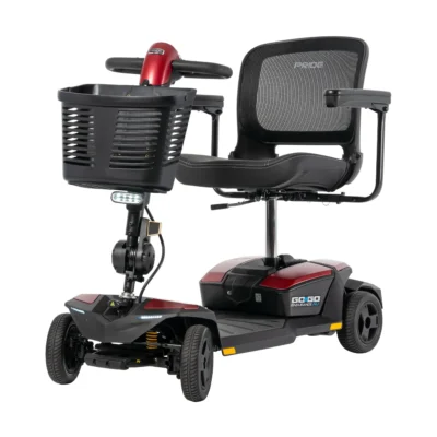 Pride Go Go Endurance AL+ mobility scooter with basket and red accents.