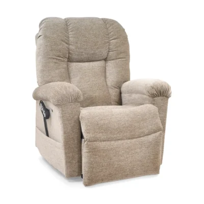 Golden Cloud 527 with Twilight lift recliner in a light beige fabric in seated position.