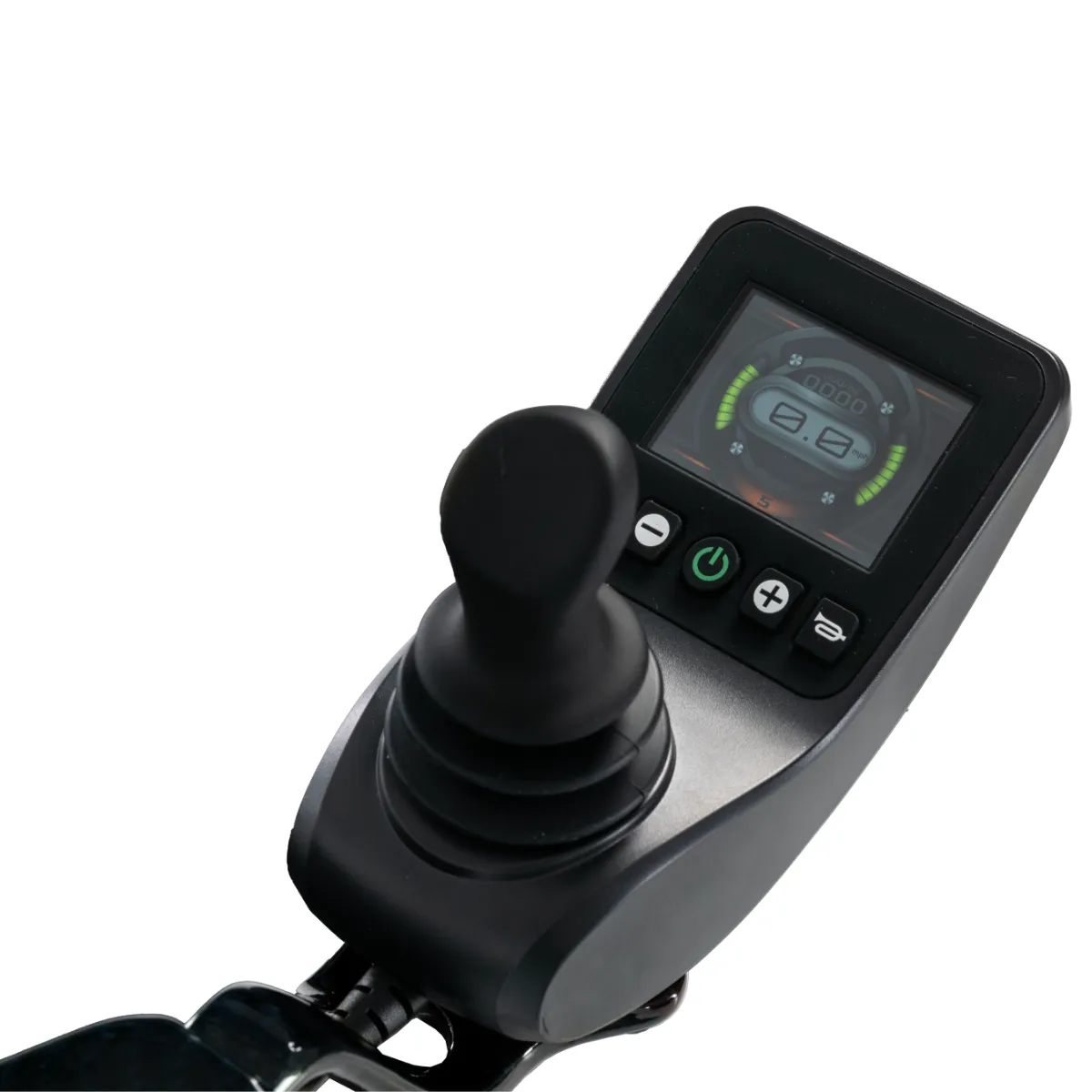 A close-up of a black powered wheelchair controller featuring a joystick, a digital screen displaying speed, and buttons for power, speed control, and a horn.