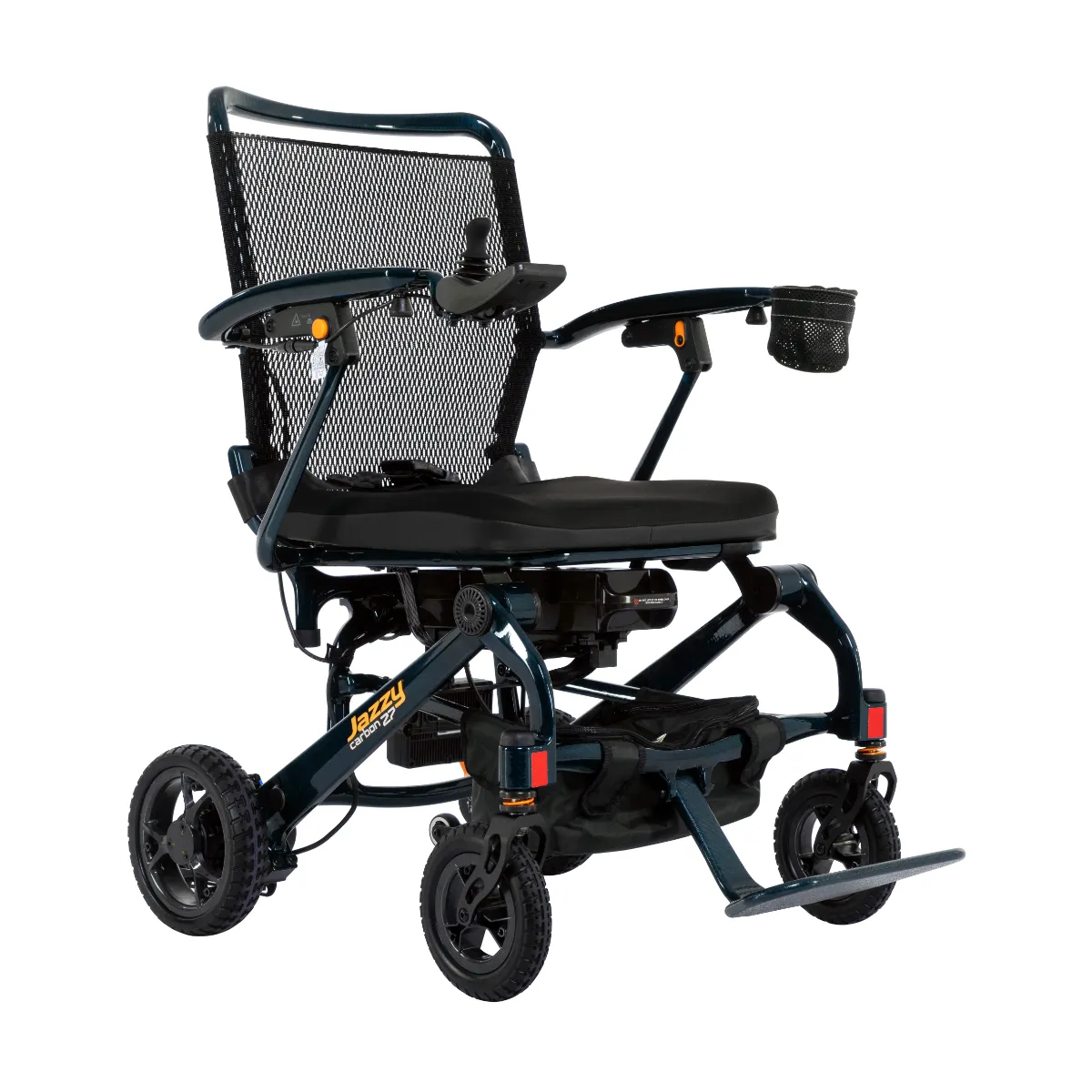 A compact, dark teal Jazzy Carbon 27 power wheelchair featuring a mesh back, joystick control on the armrest, and a detachable cup holder.