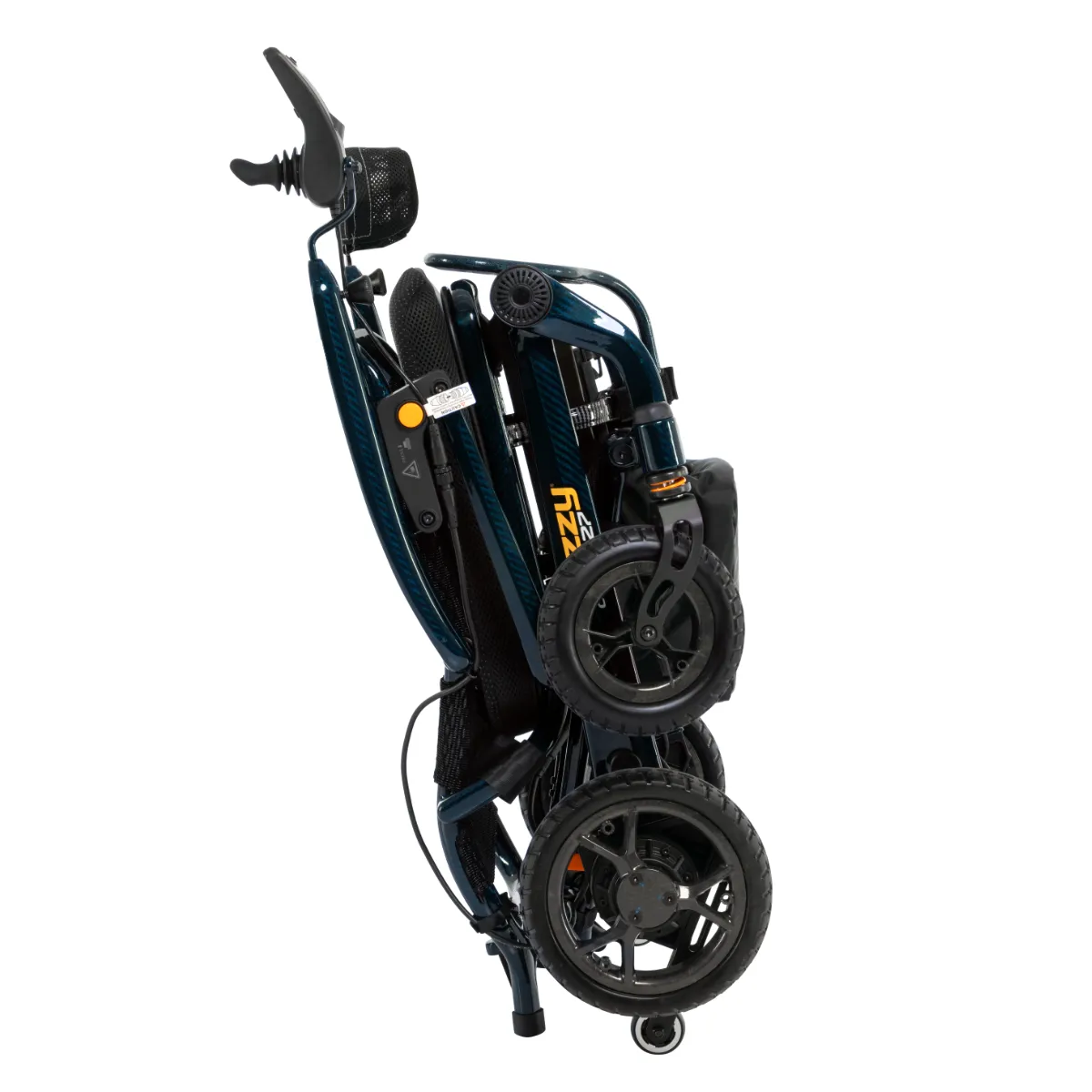 A lightweight, dark blue Jazzy Carbon 27 power wheelchair is photographed upright in its folded position, highlighting the compact frame.