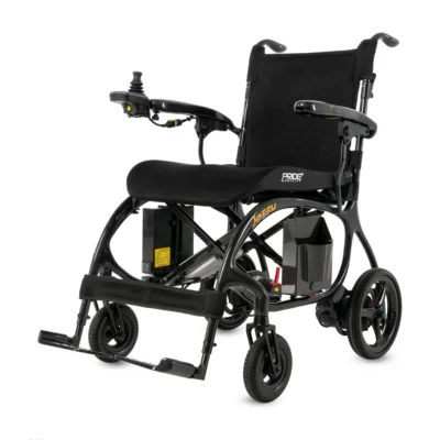 A sleek, black Pride Jazzy Carbon 27X electric wheelchair with a lightweight frame, mesh upholstery, and joystick control displayed against a white background.