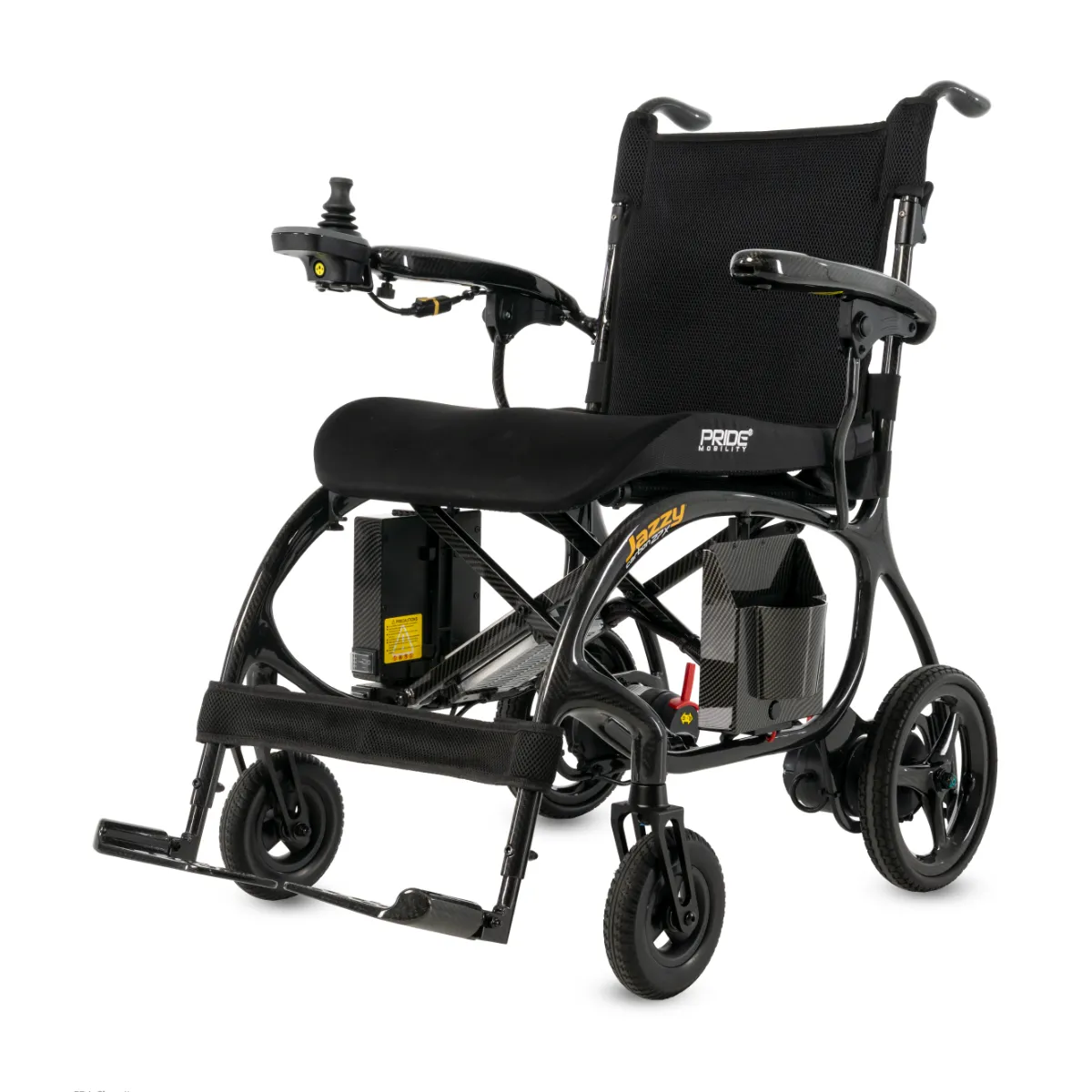 A sleek, black Pride Jazzy Carbon 27X electric wheelchair with a lightweight frame, mesh upholstery, and joystick control displayed against a white background.