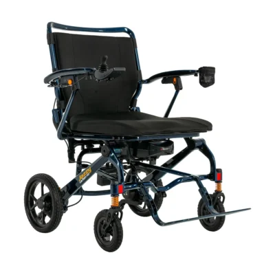 A metallic blue Jazzy Carbon HD power wheelchair with black seat and back padding, featuring a joystick control on the left armrest and a mesh cupholder on the right.