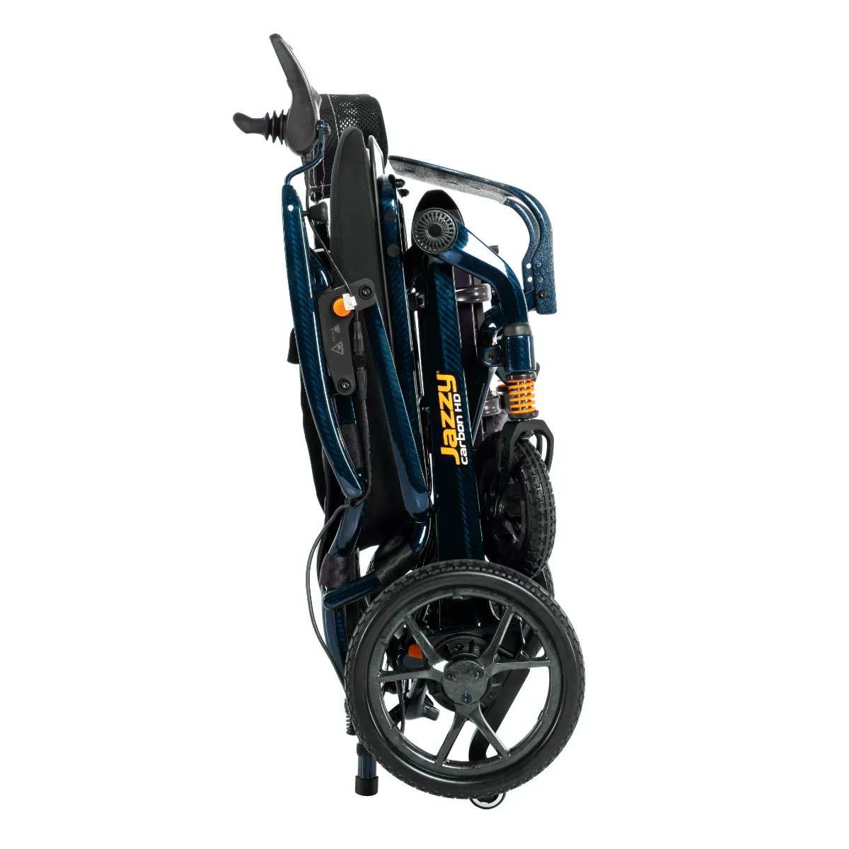 The deep blue Jazzy Carbon HD power wheelchair is shown fully folded and standing upright, emphasizing its compact size and carbon fiber design.