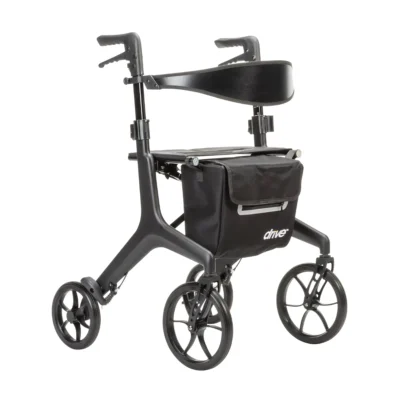 A sleek, black four-wheeled rollator with ergonomic handles, a cushioned seat, an adjustable back support, and a zippered black storage bag.