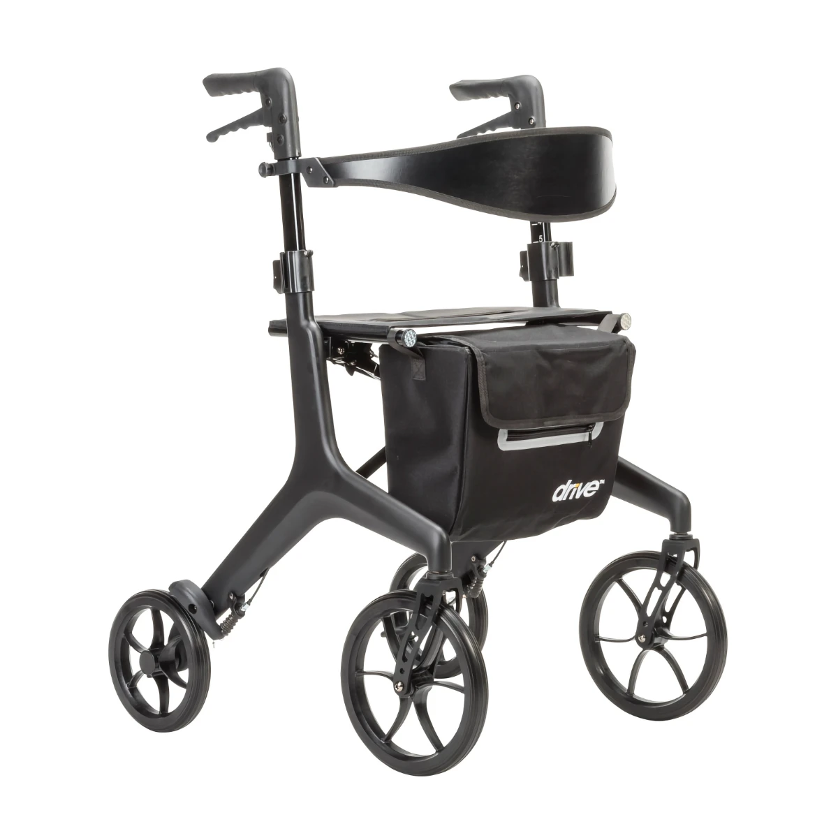 A sleek, black four-wheeled rollator with ergonomic handles, a cushioned seat, an adjustable back support, and a zippered black storage bag.