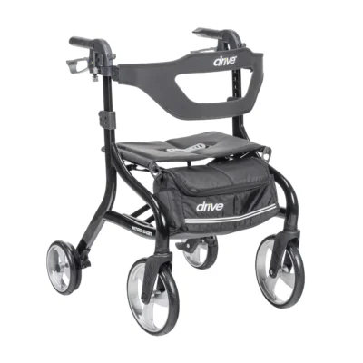 A black, four-wheeled Drive Nitro Sprint rollator mobility aid, featuring a padded seat, ergonomic handles with brakes, and an attached storage bag.