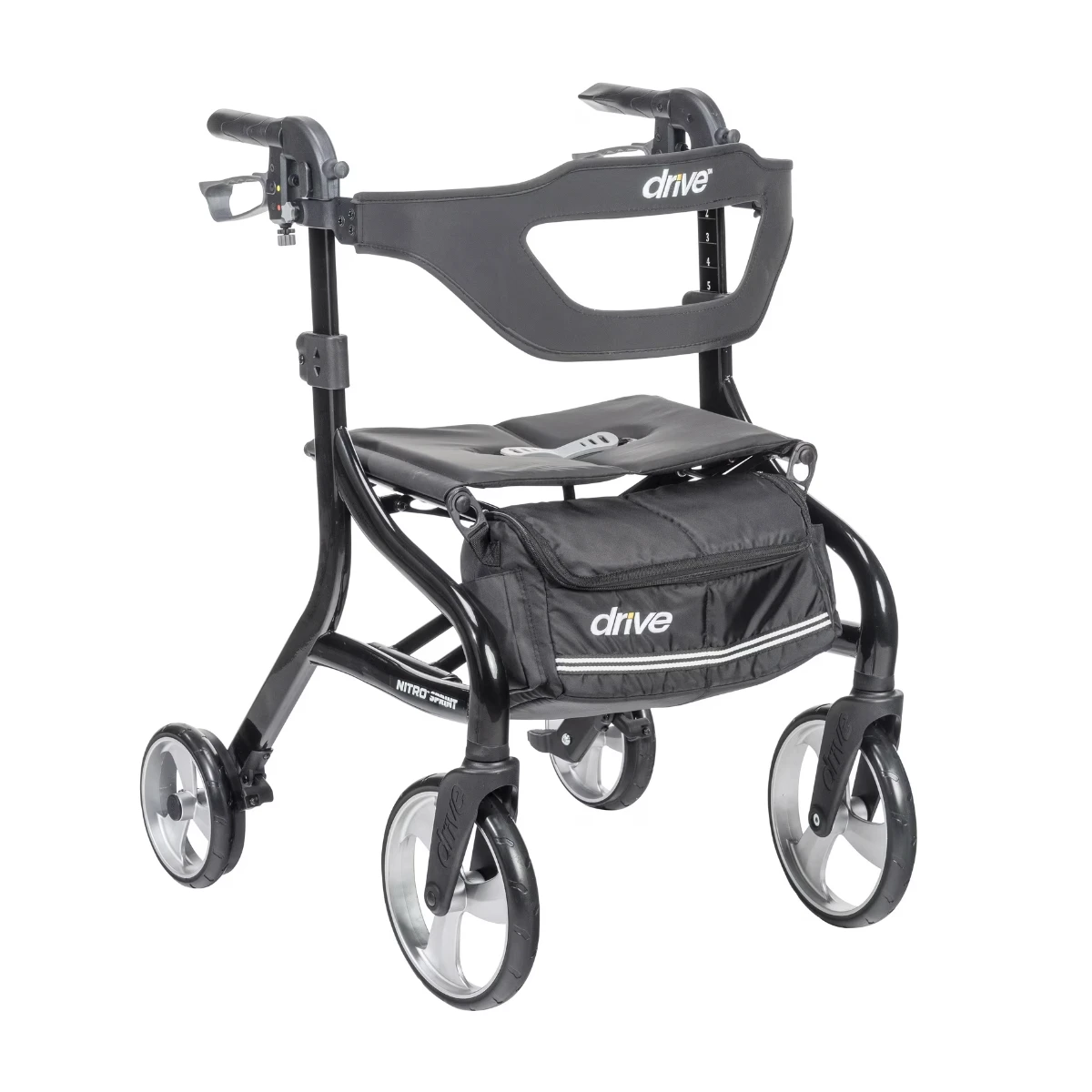 A black, four-wheeled Drive Nitro Sprint rollator mobility aid, featuring a padded seat, ergonomic handles with brakes, and an attached storage bag.
