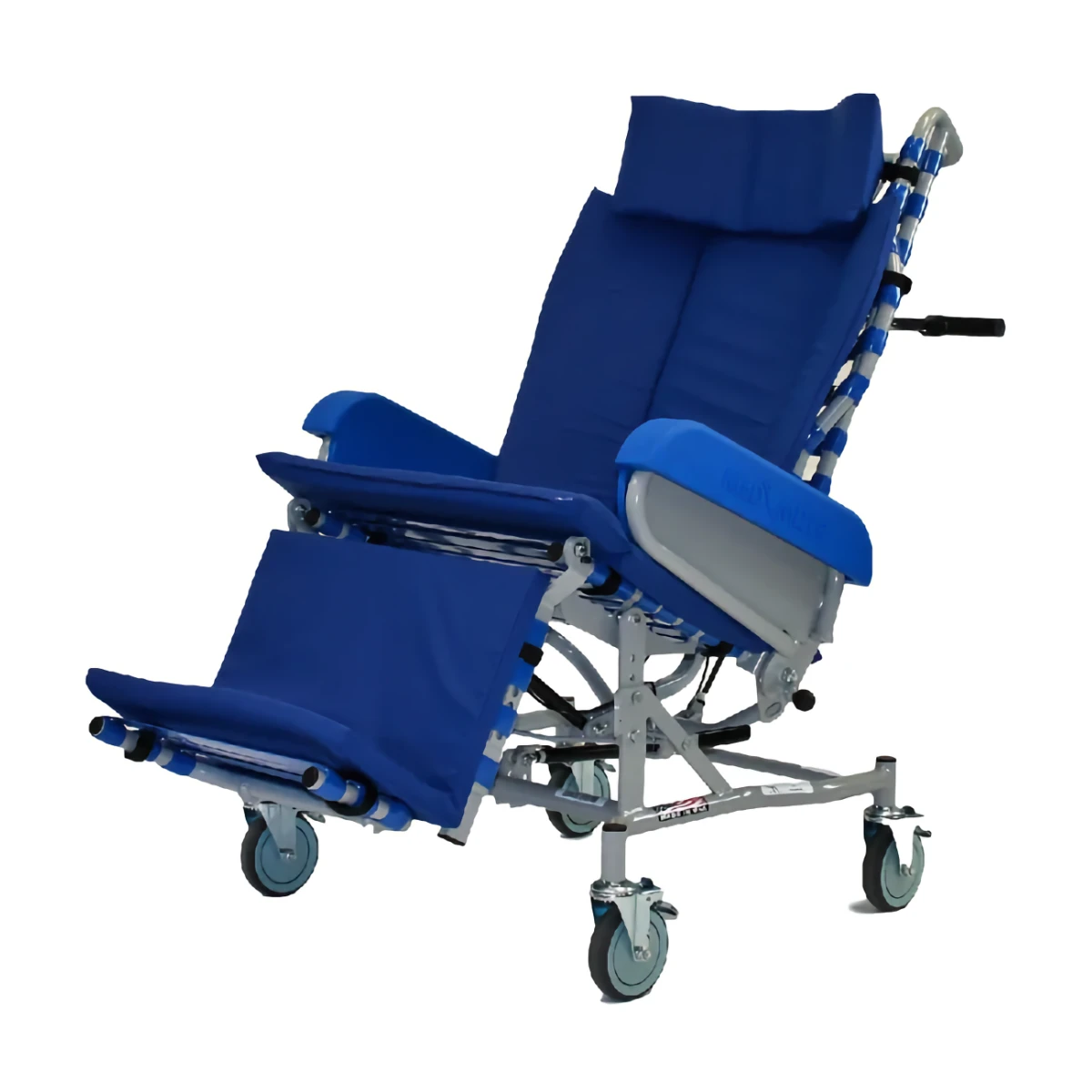 A specialized medical reclining tilt chair with bright blue upholstery, including a headrest and extended footrest, set on a gray metal frame with caster wheels.