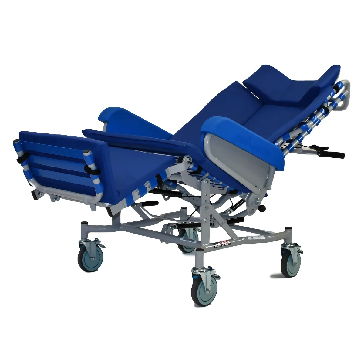 A Med-Mizer FlexTilt chair with blue padding and a gray frame is fully reclined on a mobile base with caster wheels.