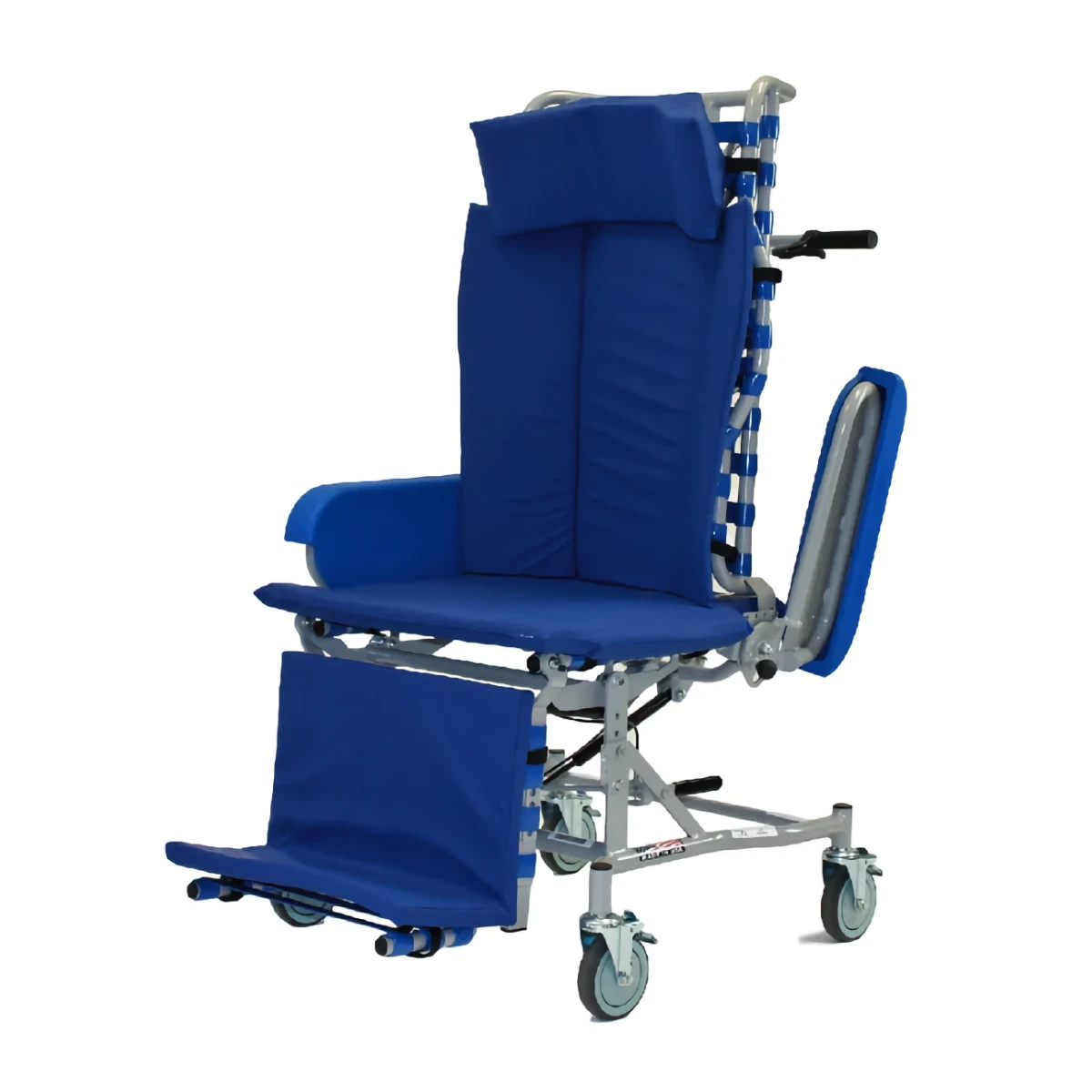 A specialized Med-Mizer FlexTilt chair, padded in bright blue, shown in the fully upright position with the footrest extended.