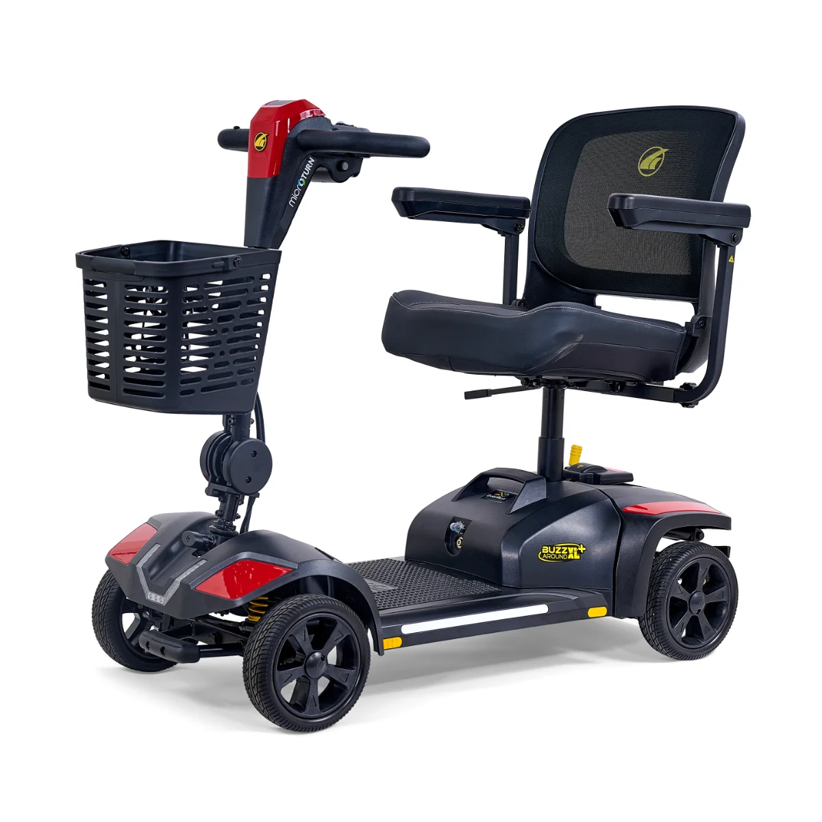 A four-wheel black and gray mobility scooter, the Golden Buzzaround XL Plus, featuring a mesh seat, red accents, and a large front storage basket.