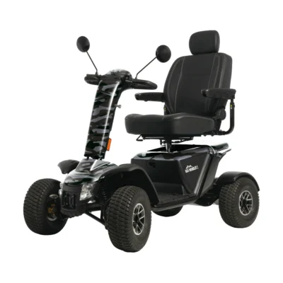 A powerful black Baja Wrangler 2 mobility scooter designed for outdoor use, featuring large off-road tires and a camouflage steering column.