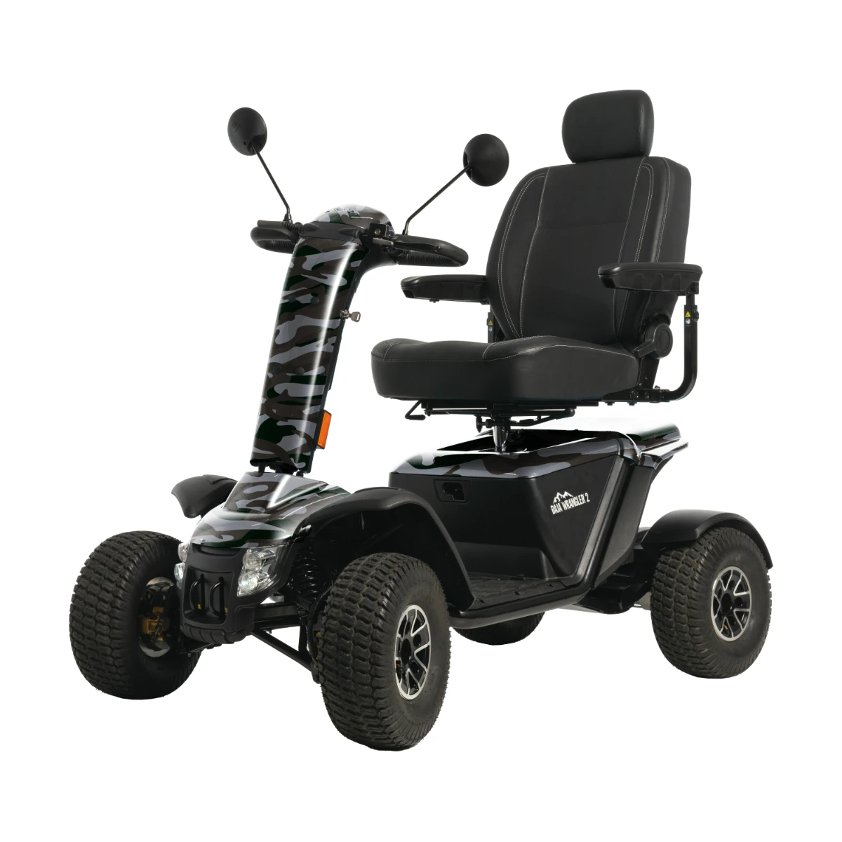 A powerful black Baja Wrangler 2 mobility scooter designed for outdoor use, featuring large off-road tires and a camouflage steering column.
