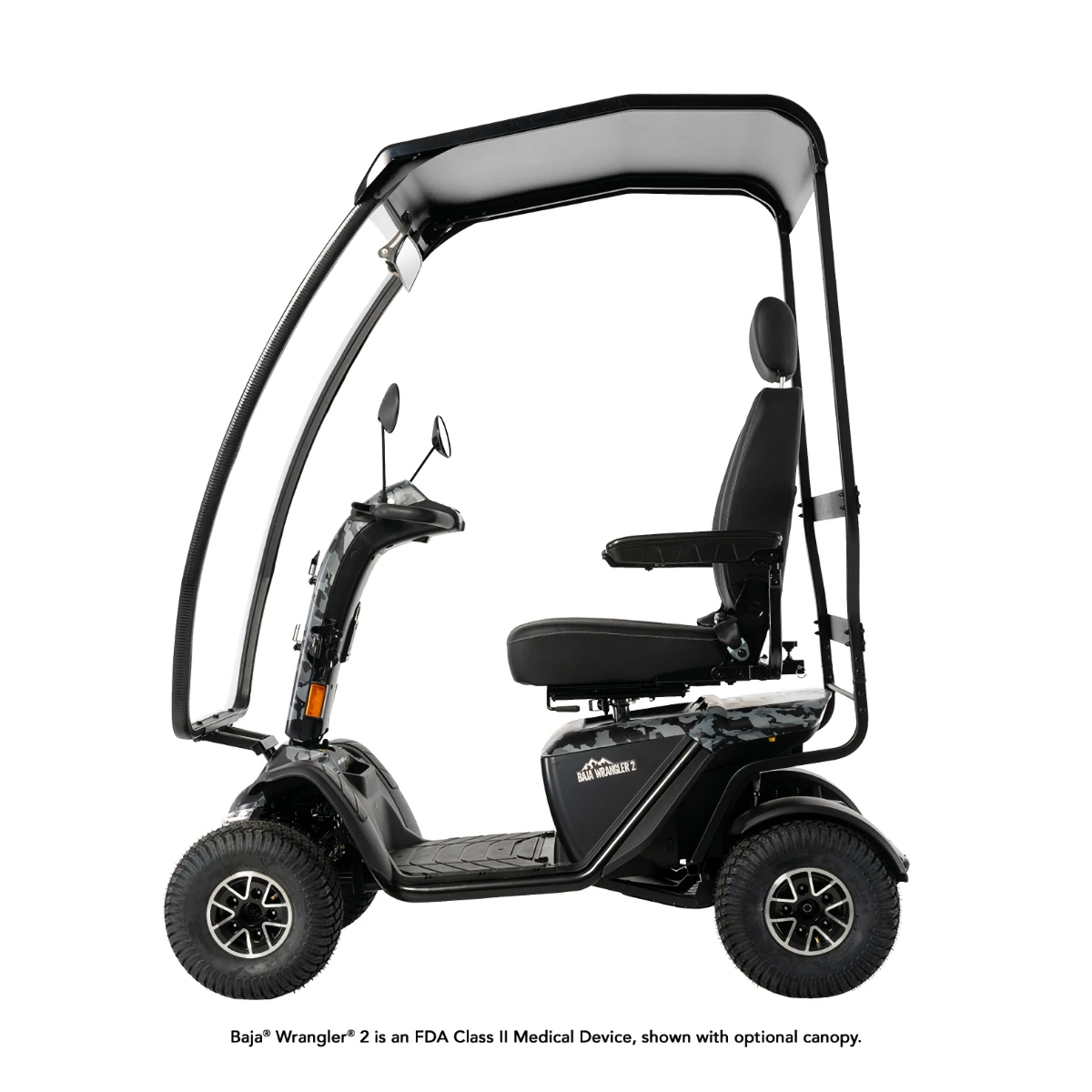 A side view of the Baja Wrangler 2, a black mobility scooter featuring all-terrain tires, a padded seat, and an installed overhead protective canopy.
