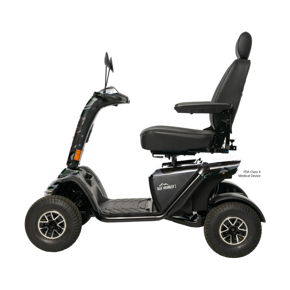 A black, heavy-duty Baja Wrangler 2 mobility scooter, seen from the side, with large knobby tires and a high-back padded seat.