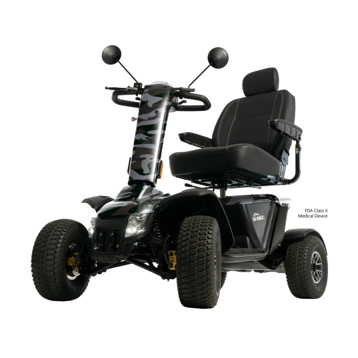 The black Baja Wrangler 2 mobility scooter features large, knobby all-terrain tires and a camouflage-patterned tiller, viewed from a low angle.