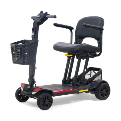 A compact, black four-wheeled mobility scooter with a padded seat, armrests, and a front basket, featuring subtle red and yellow trim.