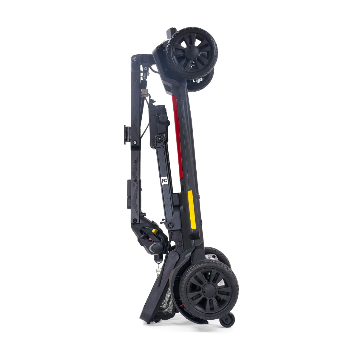 The Golden Buzzaround Carry-On mobility scooter is shown folded into a compact vertical position for easy transport.