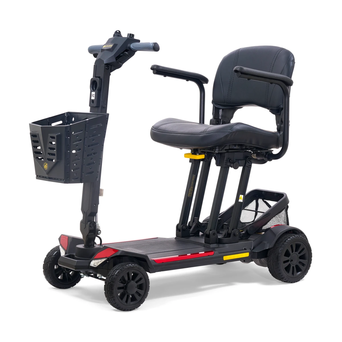 A compact, black four-wheeled mobility scooter with a padded seat, armrests, and a front basket, featuring subtle red and yellow trim.