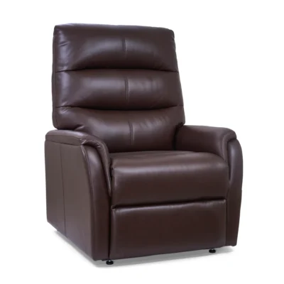 A plush power lift recliner upholstered in umber brown leather, featuring a heavily padded backrest and comfortable rolled armrests.
