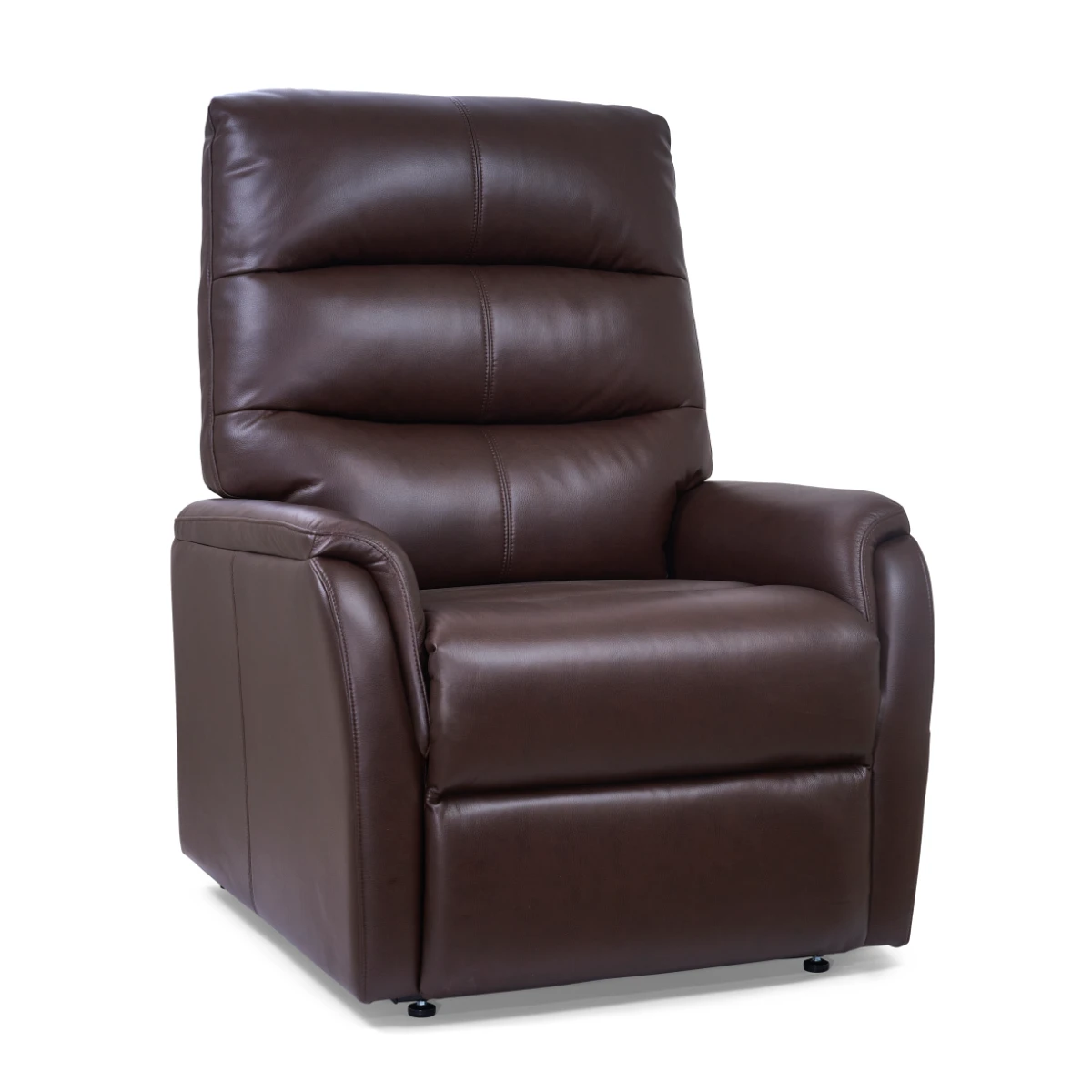 A plush power lift recliner upholstered in umber brown leather, featuring a heavily padded backrest and comfortable rolled armrests.