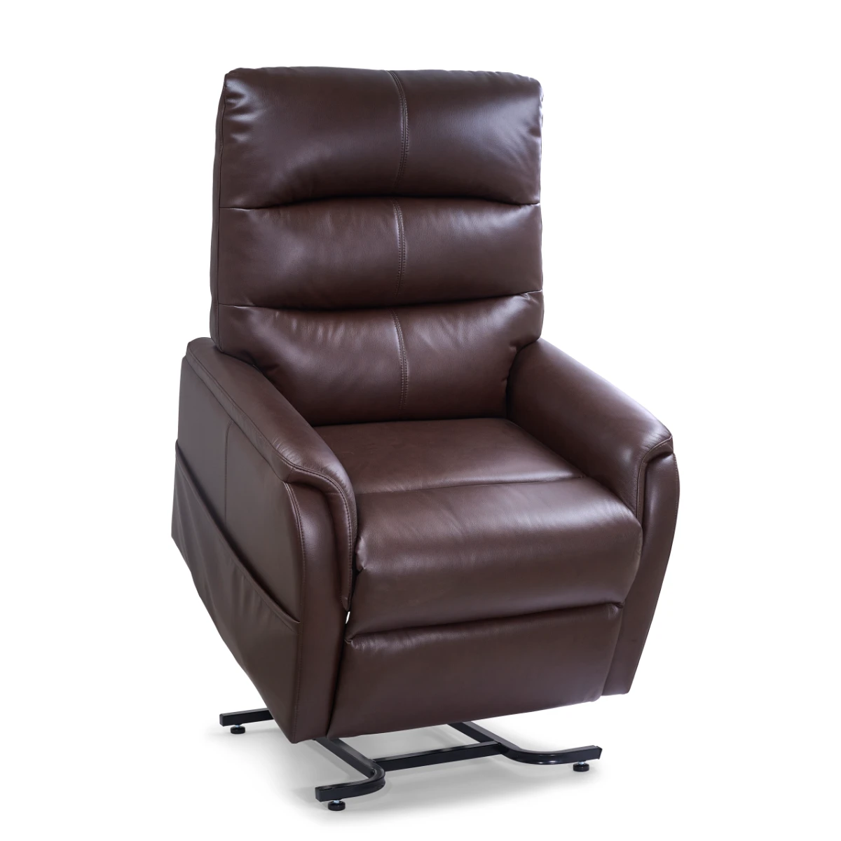 A large, umber-colored lift recliner chair with heavy padding, made of leather, is photographed in its slightly elevated, standing position.