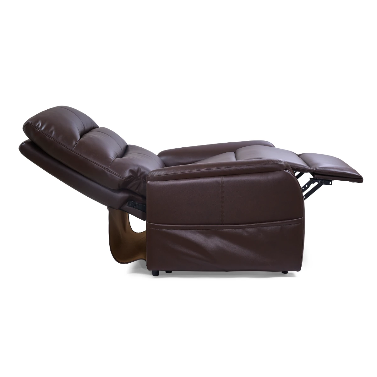A brown, leather lift recliner (Golden Elara) is fully extended and reclined, highlighting the padded seat and extended footrest.