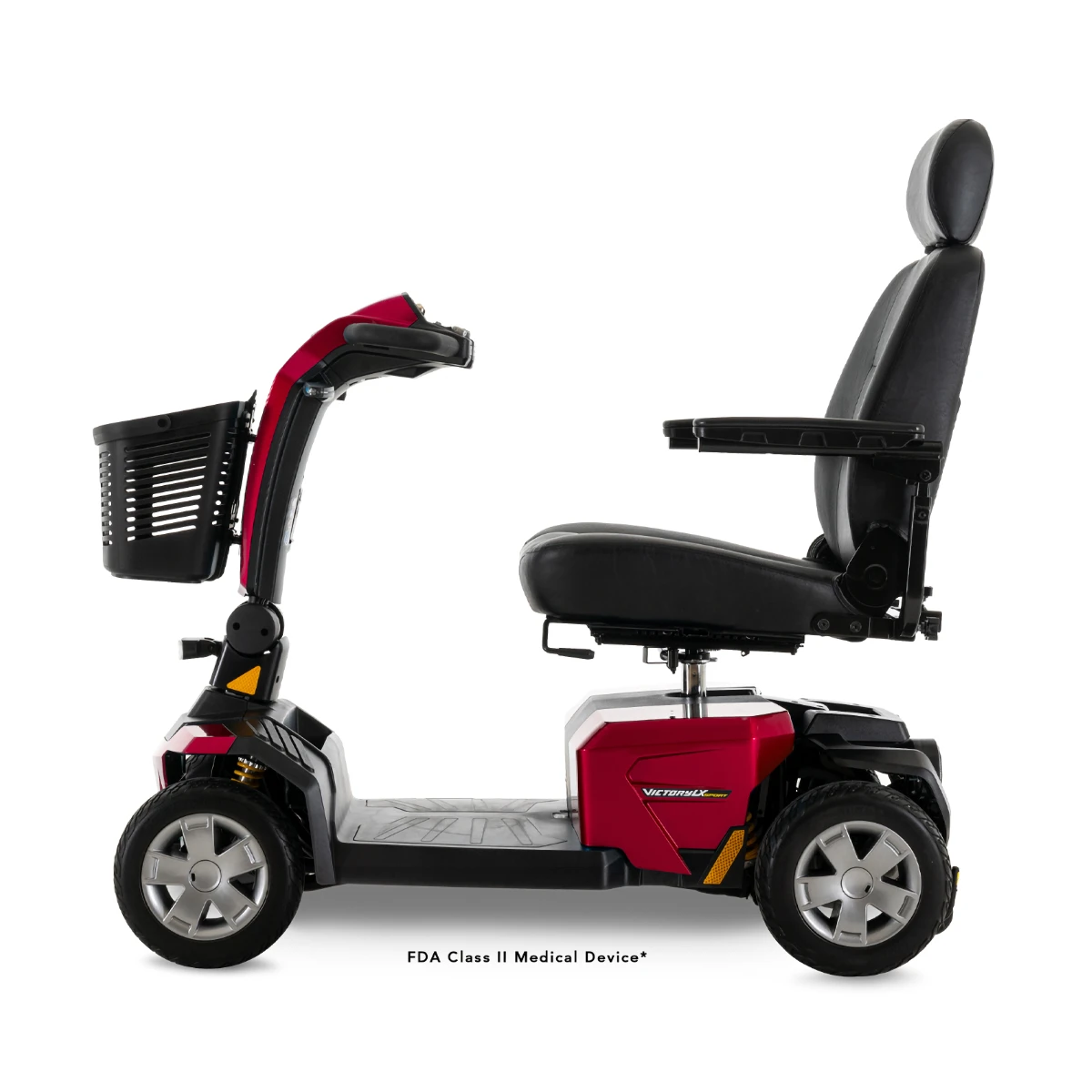 A red and black Pride Victory LX Sport mobility scooter shown from the left profile. It features a black padded seat with a headrest, and a front storage basket is attached to the steering column.