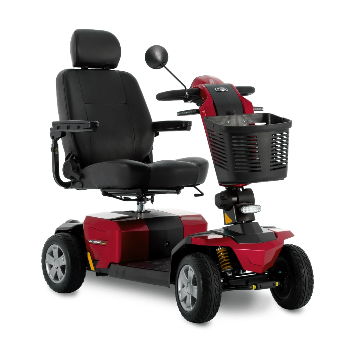 A red Pride Victory LX Sport mobility scooter. It has four large wheels, a tall black seat with a headrest, visible suspension, and a black front basket.