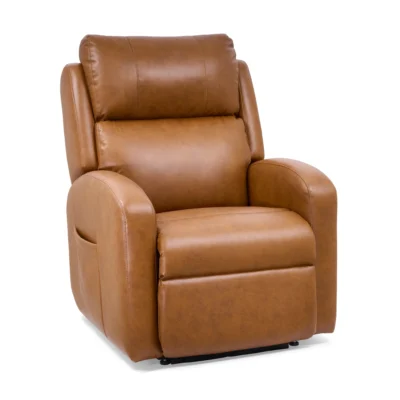 A comfortable golden brown leather lift recliner chair, featuring thick padded cushioning, a headrest, and a small side pocket.