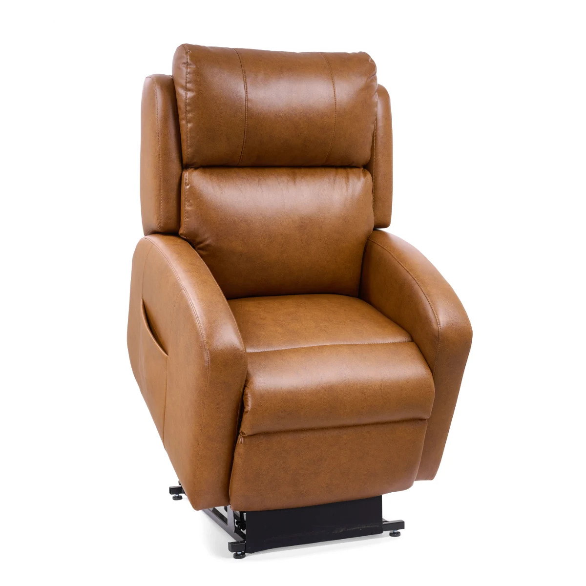 A brown upholstered lift chair is shown tilted forward and elevated on its black mechanism. The recliner features a padded backrest and integrated armrests with a side pocket.