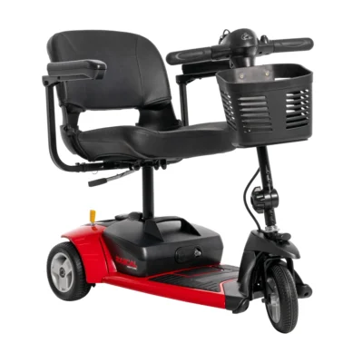 A red Rascal Venture 3-wheel mobility scooter with a black padded seat and a front basket.
