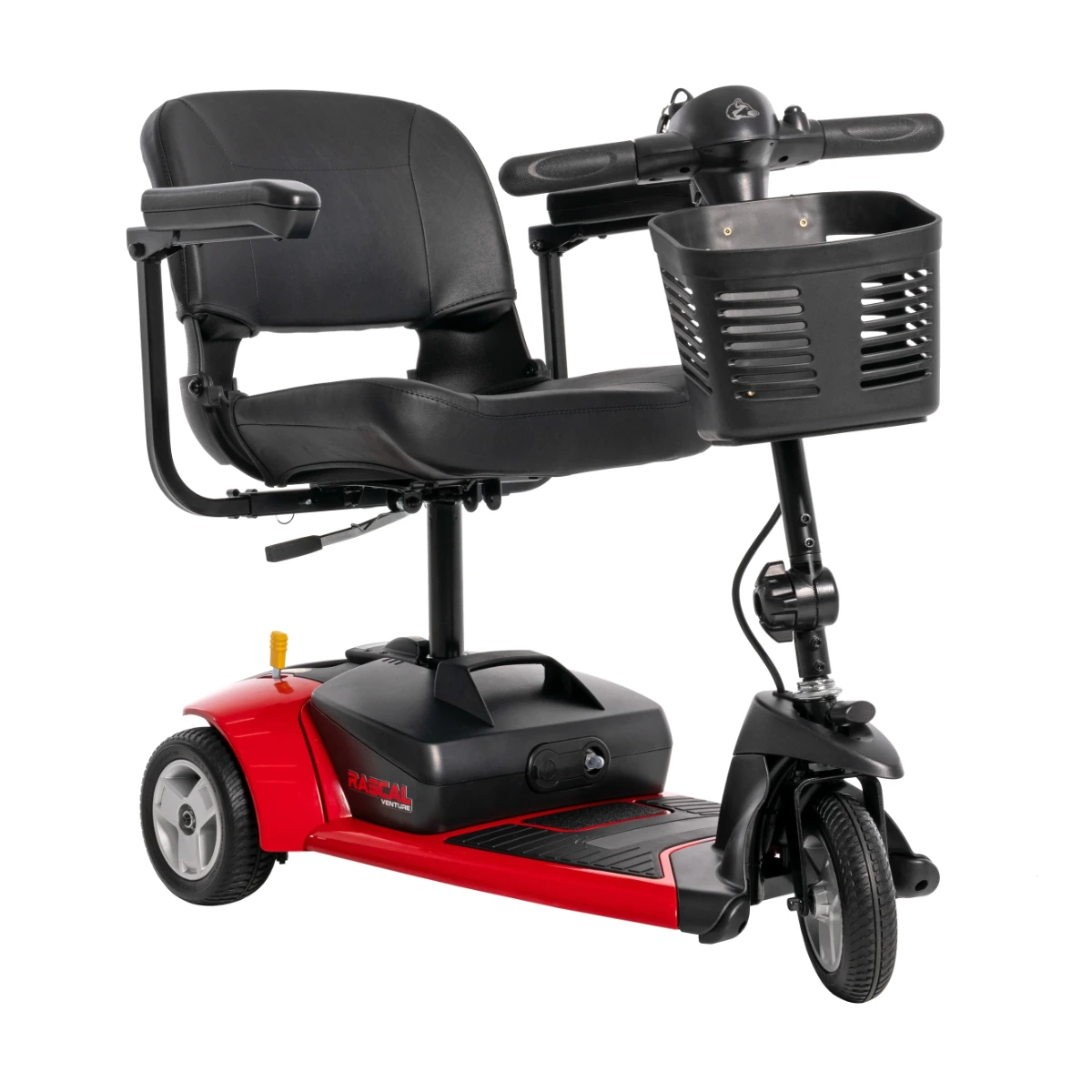 A red Rascal Venture 3-wheel mobility scooter with a black padded seat and a front basket.