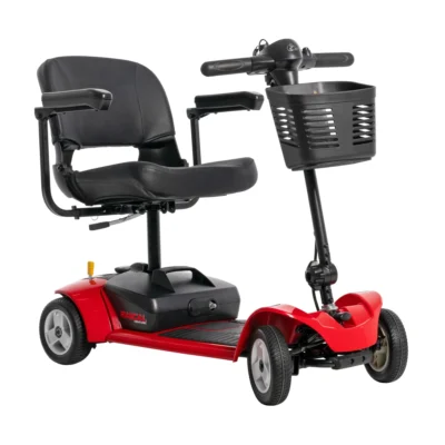 A red 4-wheel mobility scooter with a black padded seat, armrests, black handlebars, and a front basket. The model name 'Rascal Venture' is visible on the side.