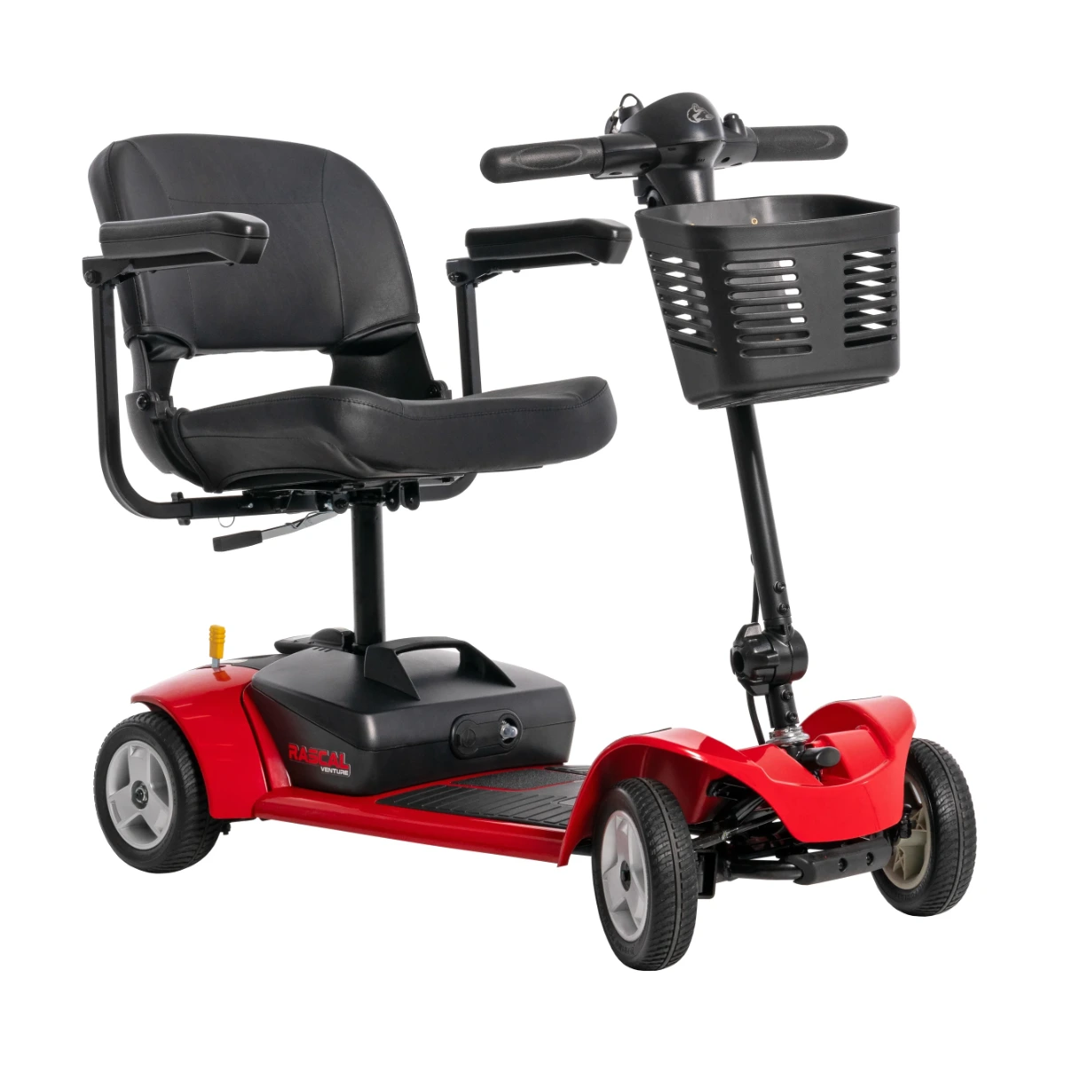 A red 4-wheel mobility scooter with a black padded seat, armrests, black handlebars, and a front basket. The model name 'Rascal Venture' is visible on the side.